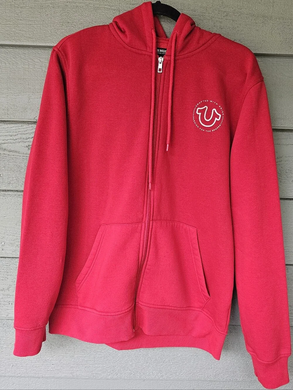 True Religion Bright Red Full-Zip Hoodie with Logo Patch Men's Size Large